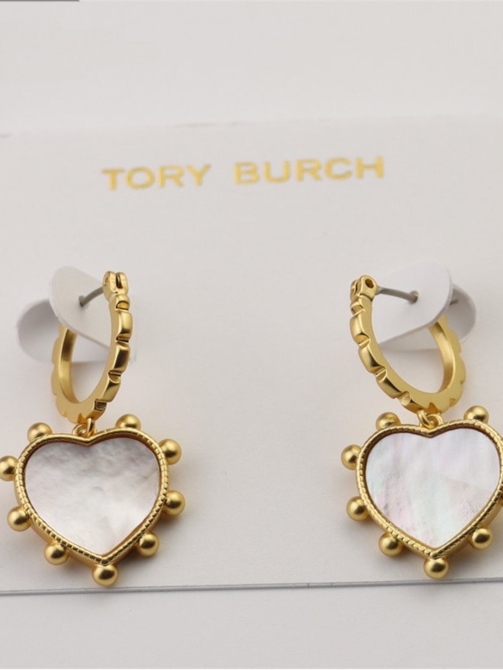 Tory Burch Gold Heart Hoop Earrings with Mother-of-Pearl Inset